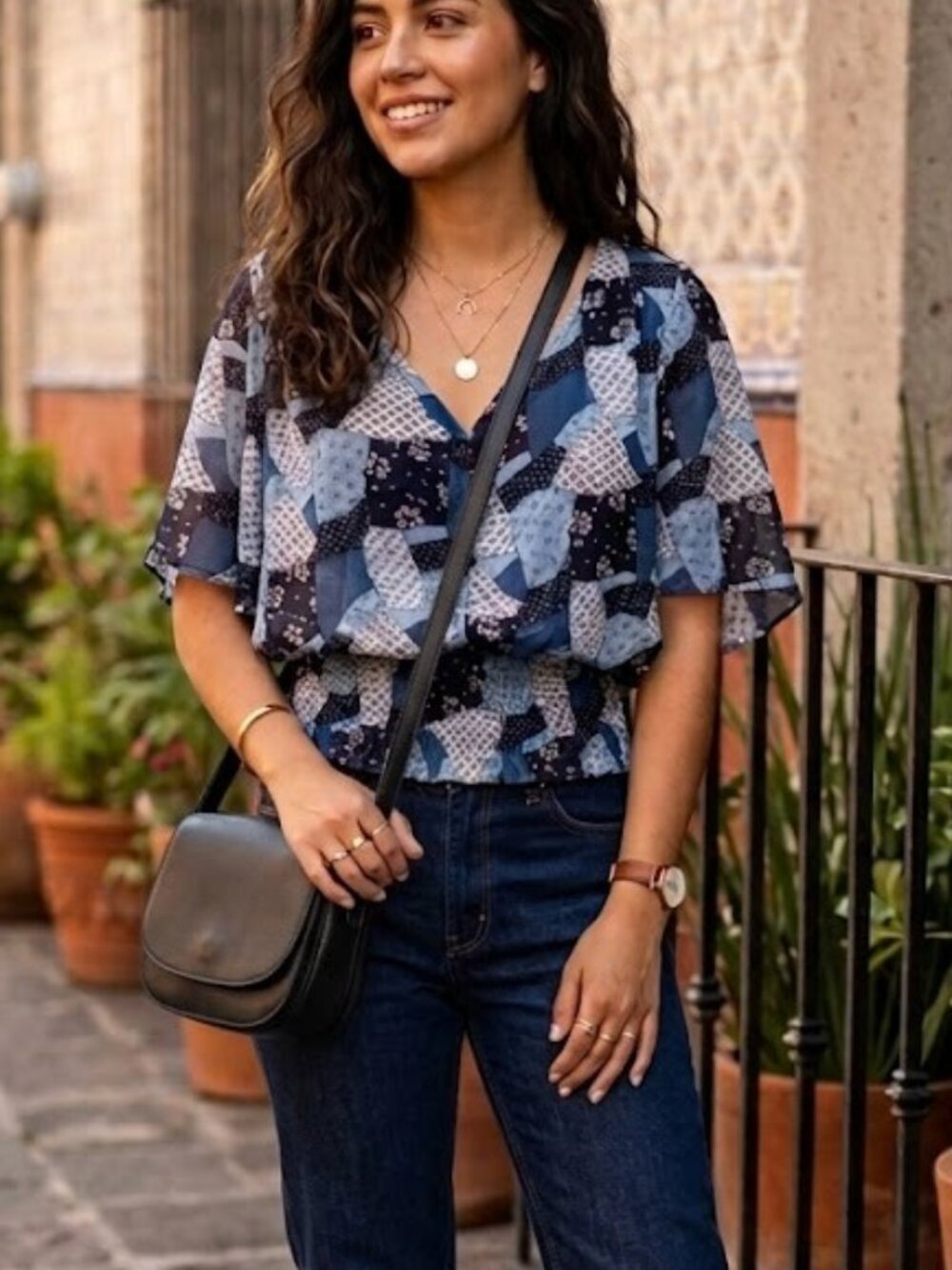 B67 Woven Chiffon Patchwork Print Blouse in Blue NEW